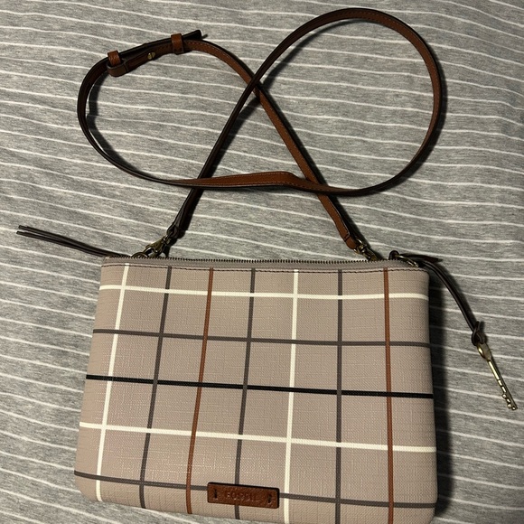 Fossil Beige and Brown Plaid Crossbody Bag - Picture 1 of 7